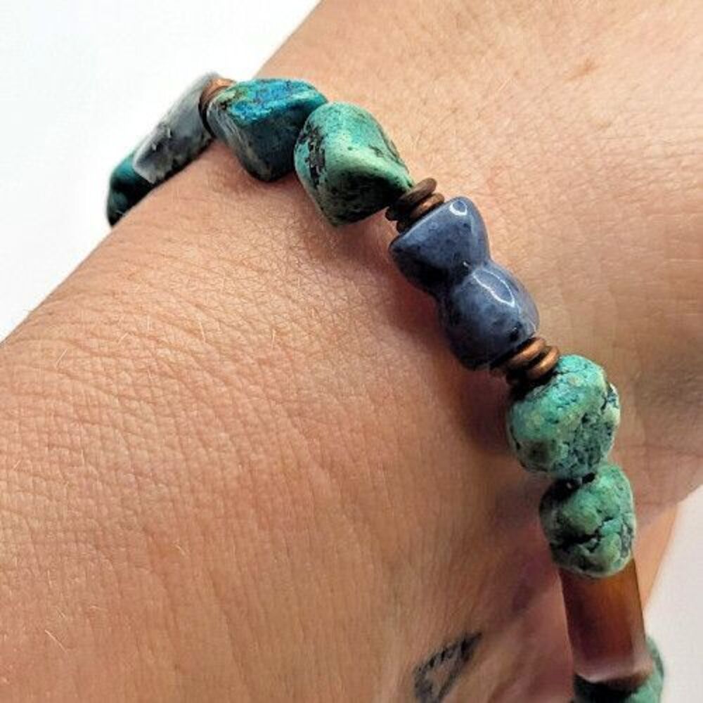 Gemstone Dyed Howlite Green Veined Agate Lapis Chalcedony Bracelet 7in - Picture 3 of 4